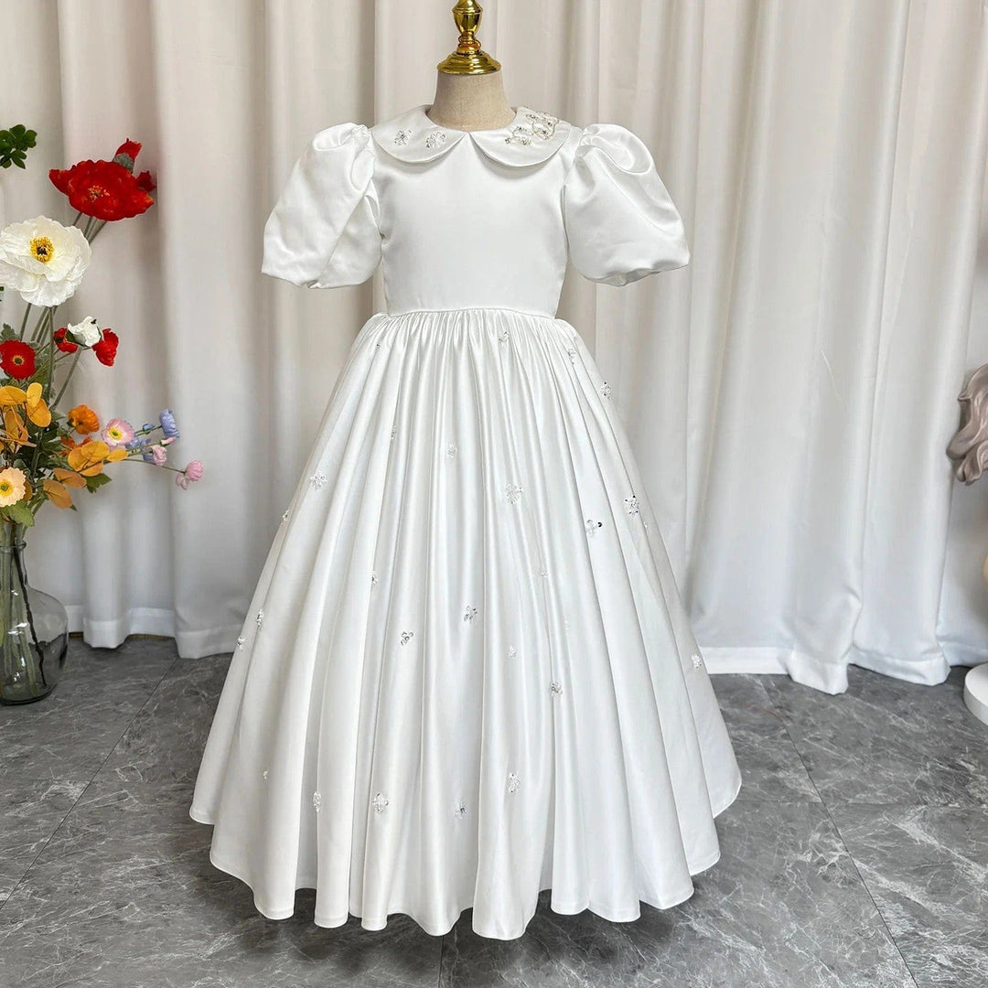 Sunnypetal White Satin Ankle Length Flower Girl Dress First Communion Gown