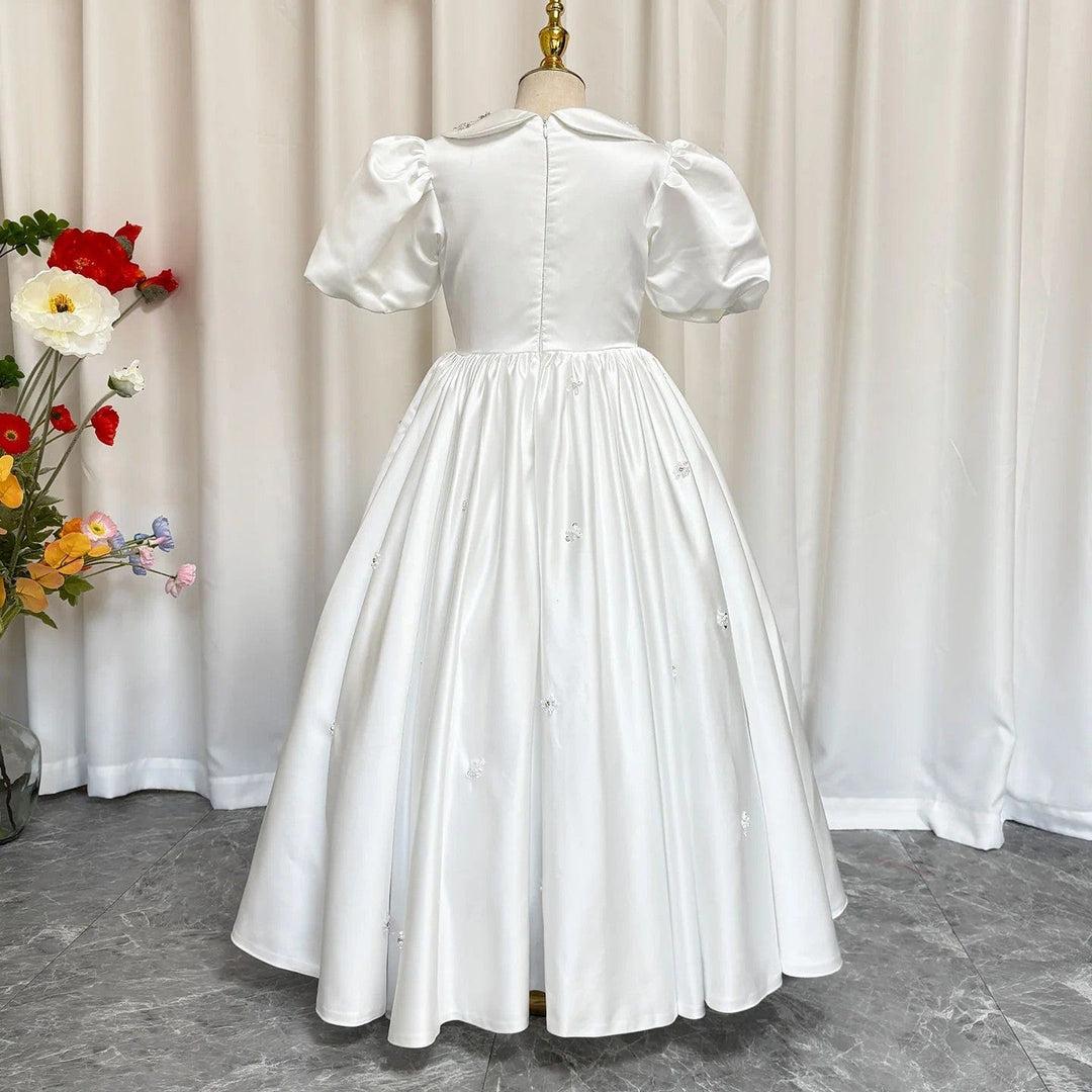 Sunnypetal White Satin Ankle Length Flower Girl Dress First Communion Gown