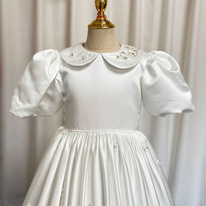 Sunnypetal White Satin Ankle Length Flower Girl Dress First Communion Gown
