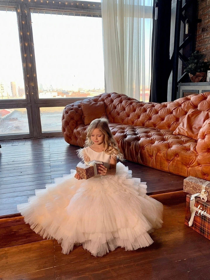 Sunnypetal White Satin Bodice Layered Puff Tulle Communion Flower Girl Dresses with Feathers