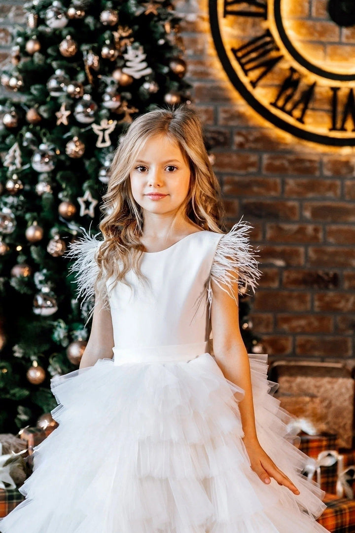 Sunnypetal White Satin Bodice Layered Puff Tulle Communion Flower Girl Dresses with Feathers