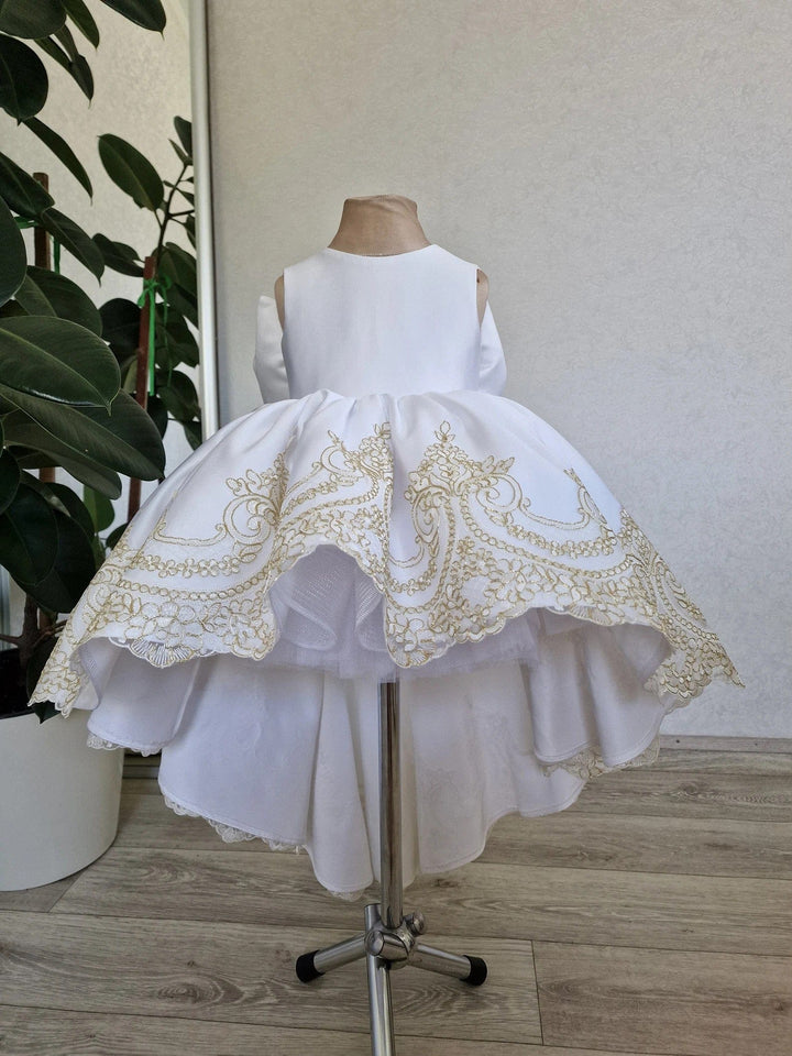 Sunnypetal White Satin Flower Girl Dresses Toddler Communion Baptism Dress with Golden Lace