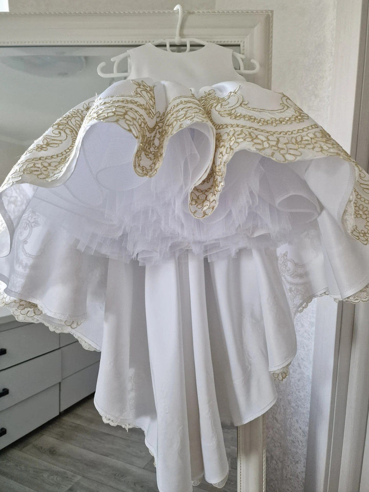 Sunnypetal White Satin Flower Girl Dresses Toddler Communion Baptism Dress with Golden Lace