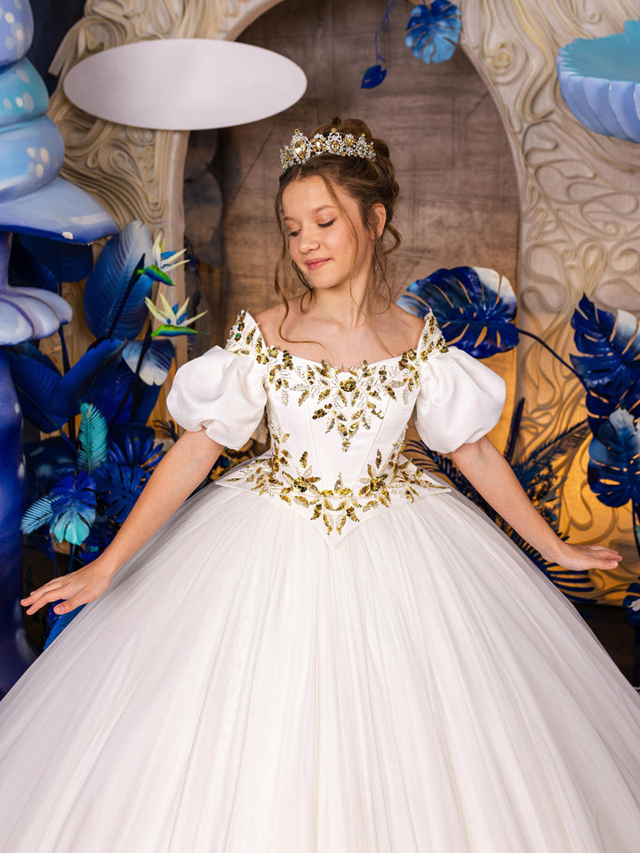 Sunnypetal White Satin Puff Sleeves Gold Sequins Bodice Long Tulle Flower Girl Dresses