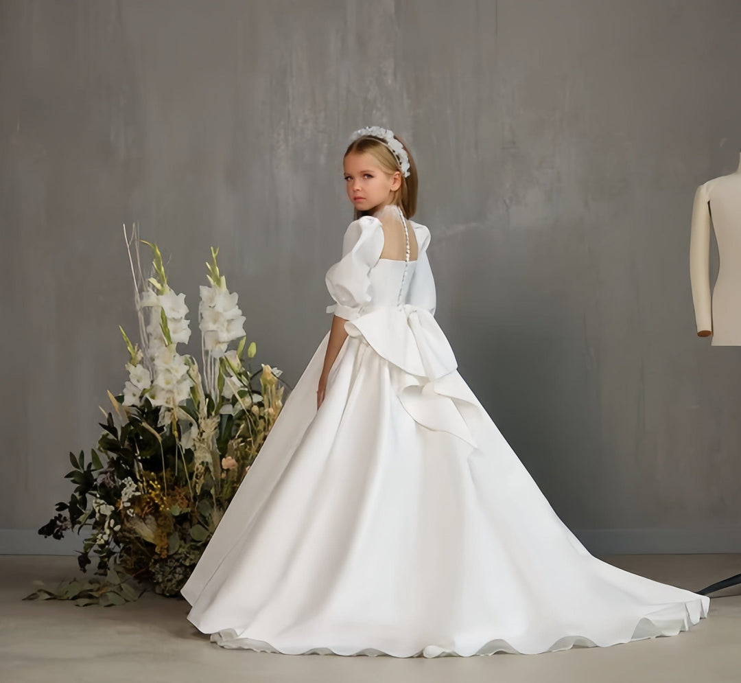 Sunnypetal White Satin Puff Sleeves High Beaded Neckline Traditional Communion Gown