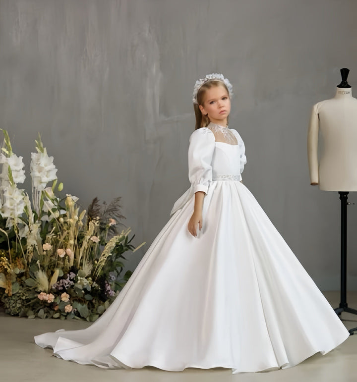 Sunnypetal White Satin Puff Sleeves High Beaded Neckline Traditional Communion Gown