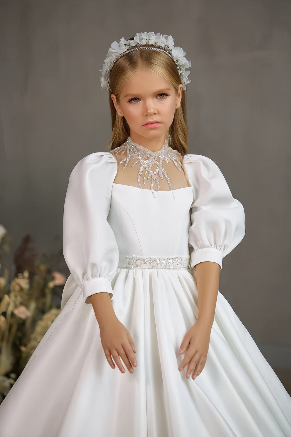Sunnypetal White Satin Puff Sleeves High Beaded Neckline Traditional Communion Gown