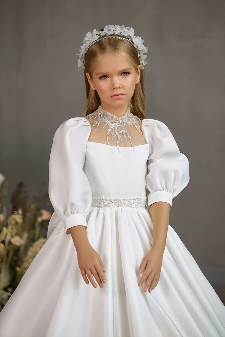 Sunnypetal White Satin Puff Sleeves High Beaded Neckline Traditional Communion Gown