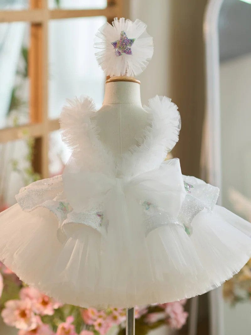 Sunnypetal White Sequin Princess Knee-Length Birthday Party Flower Girl Dresses