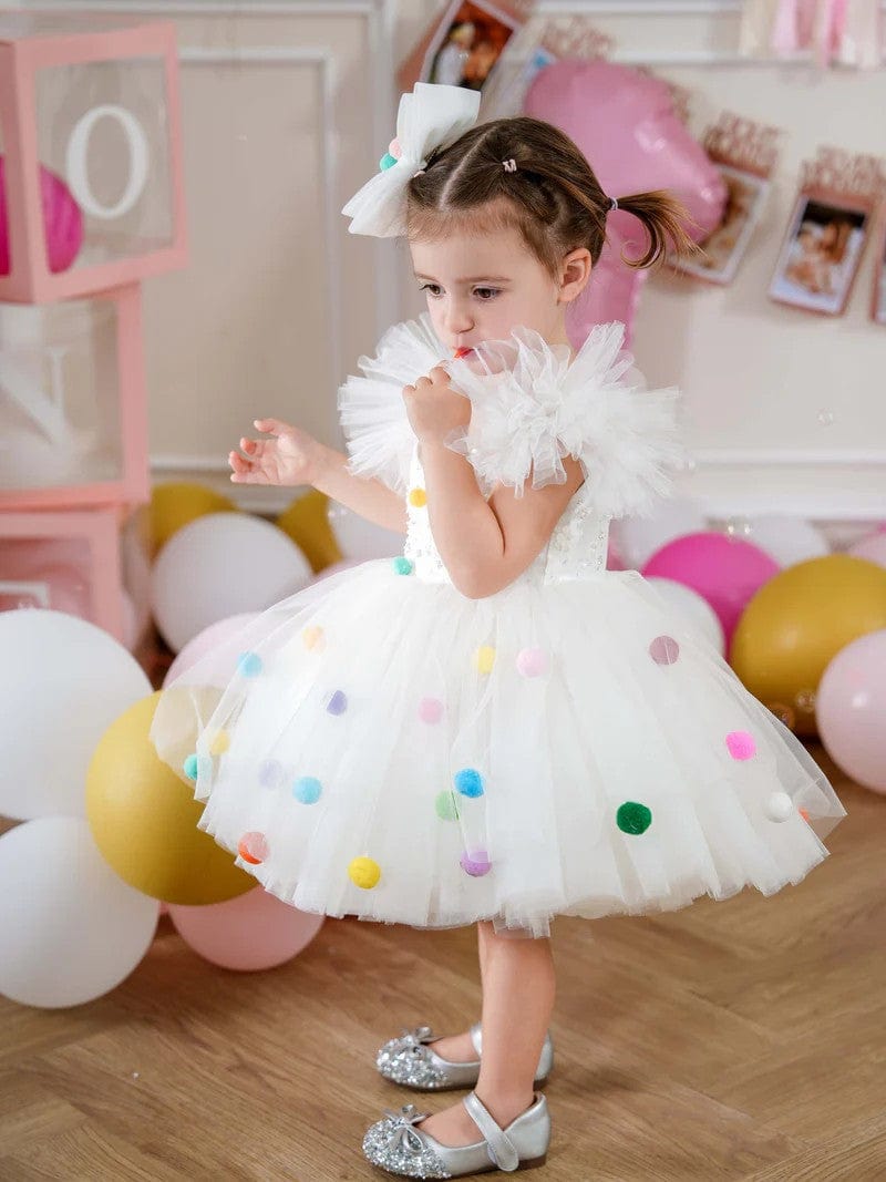 Sunnypetal White Sequins Puffy Sleeves Knee-Length Baby Girl Dresses with Colored Wool Balls