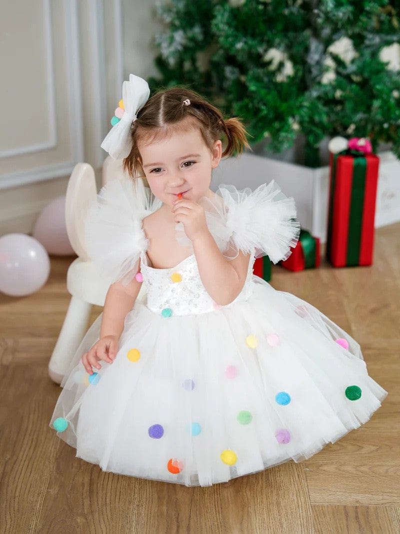 Sunnypetal White Sequins Puffy Sleeves Knee-Length Baby Girl Dresses with Colored Wool Balls