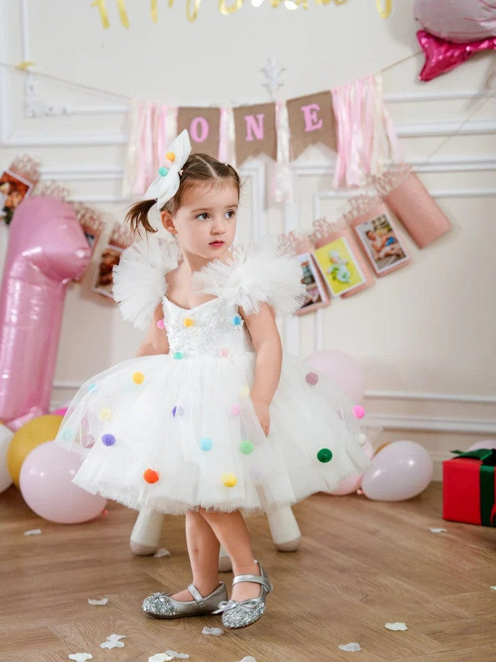 Sunnypetal White Sequins Puffy Sleeves Knee-Length Baby Girl Dresses with Colored Wool Balls
