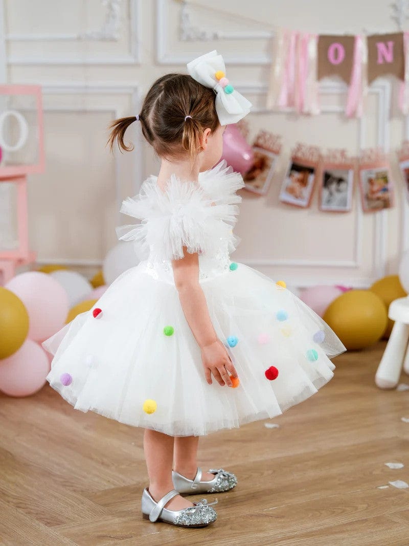 Sunnypetal White Sequins Puffy Sleeves Knee-Length Baby Girl Dresses with Colored Wool Balls