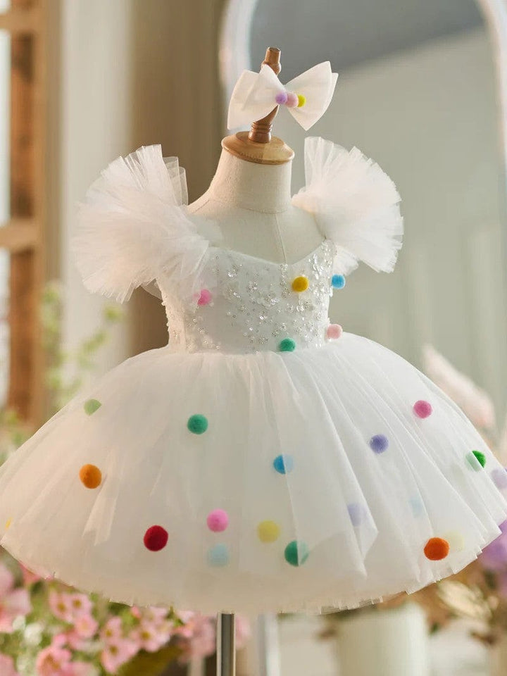 Sunnypetal White Sequins Puffy Sleeves Knee-Length Baby Girl Dresses with Colored Wool Balls