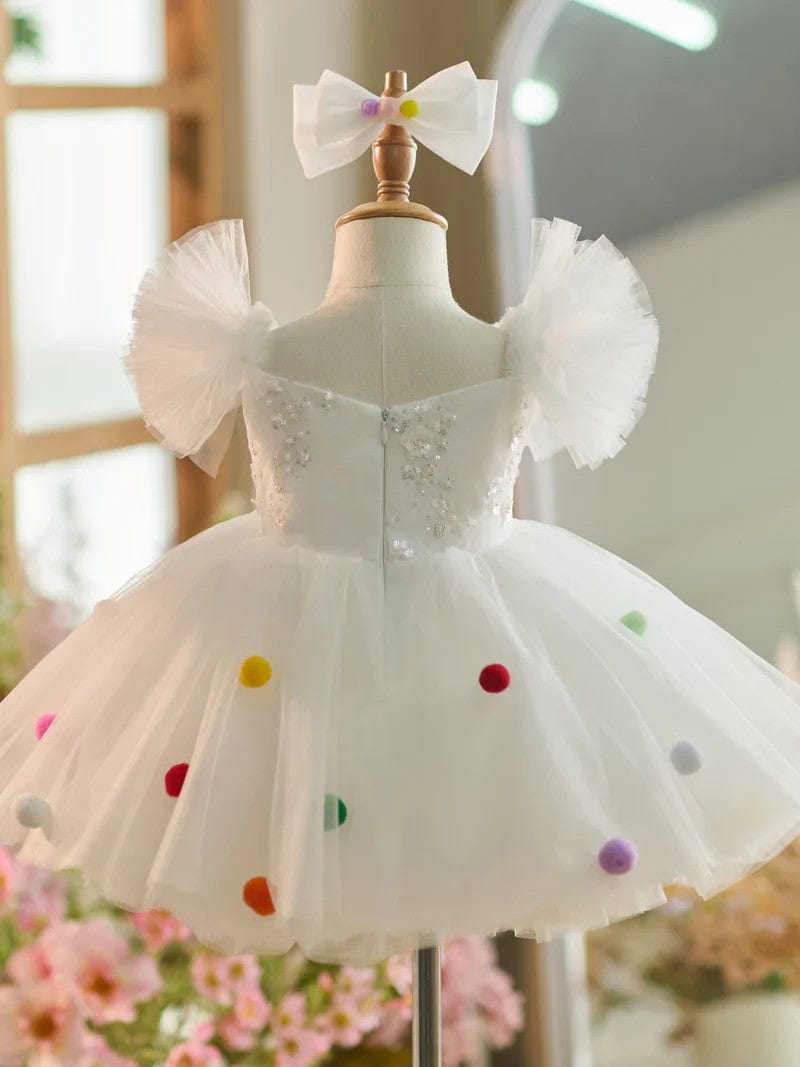 Sunnypetal White Sequins Puffy Sleeves Knee-Length Baby Girl Dresses with Colored Wool Balls