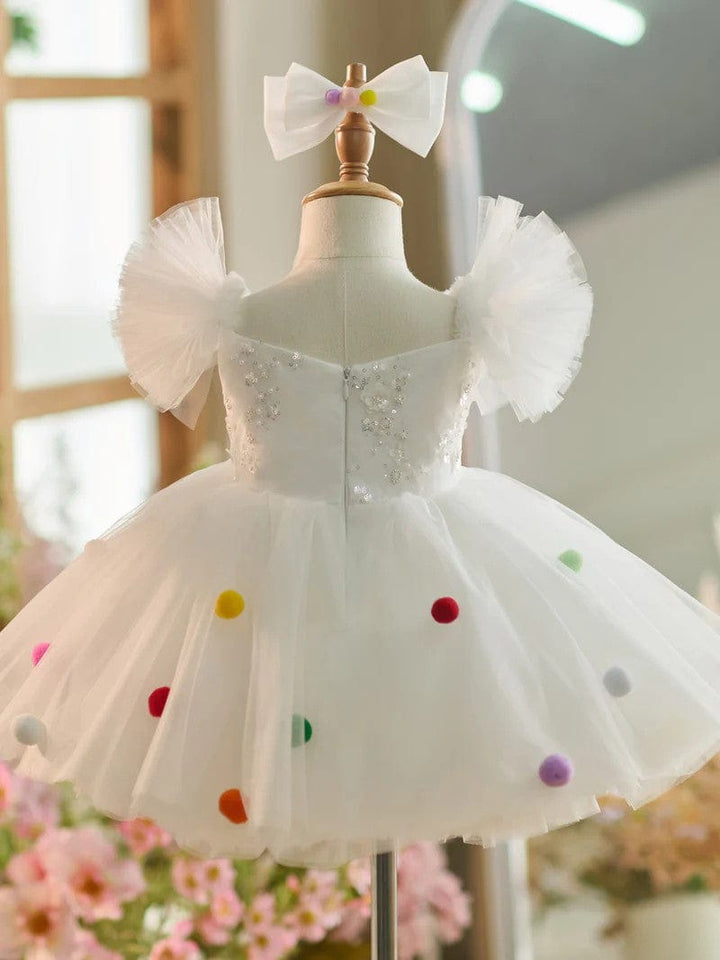 Sunnypetal White Sequins Puffy Sleeves Knee-Length Baby Girl Dresses with Colored Wool Balls