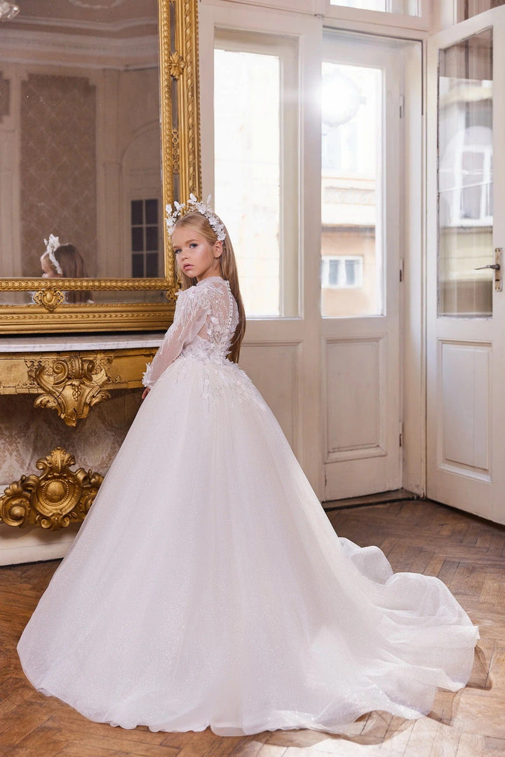 Sunnypetal White Shiny Tulle Princess Flower Girl Dresses Wedding First communion Gown