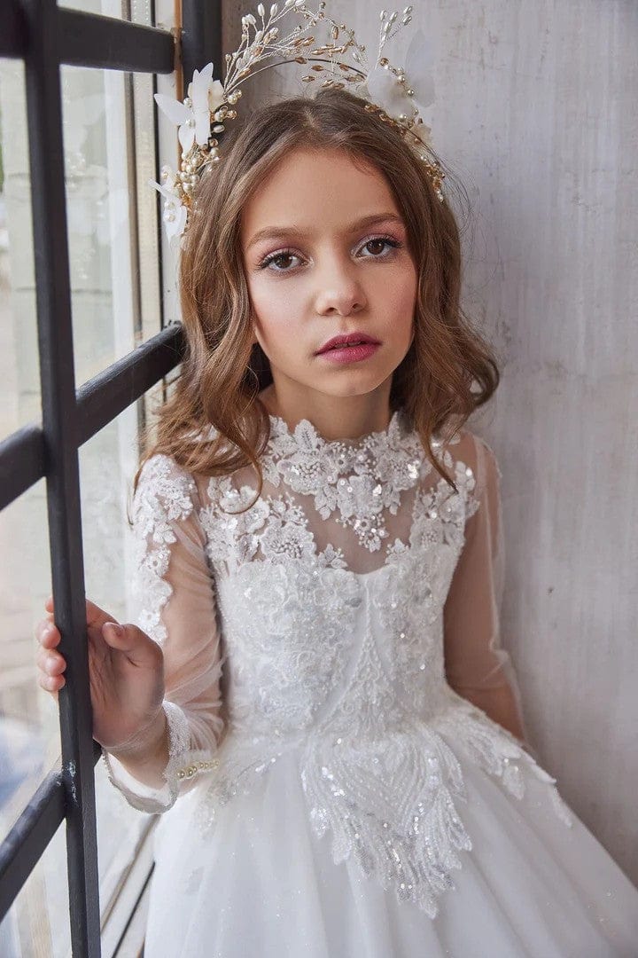 Sunnypetal White Sparkly Tulle Princess Dress Lace Embroiderys Wedding Communion Gown