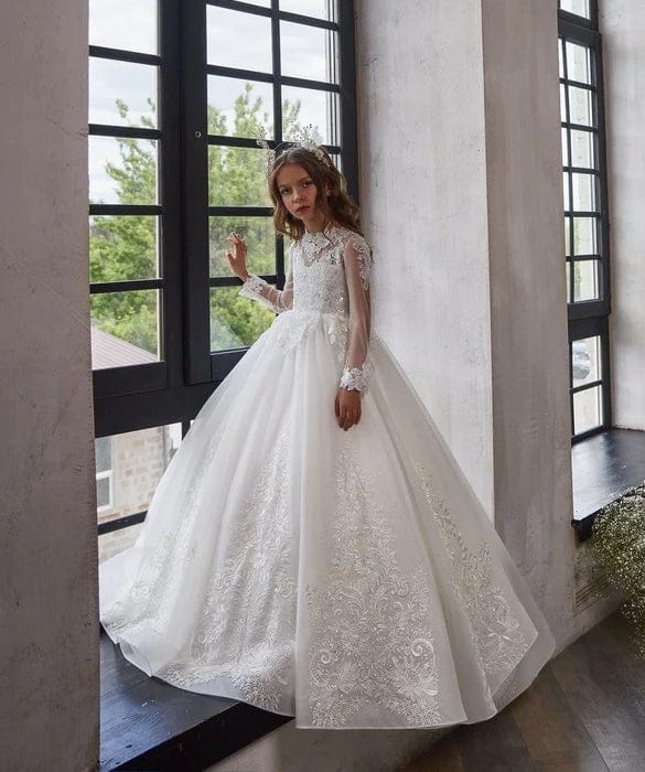 Sunnypetal White Sparkly Tulle Princess Dress Lace Embroiderys Wedding Communion Gown