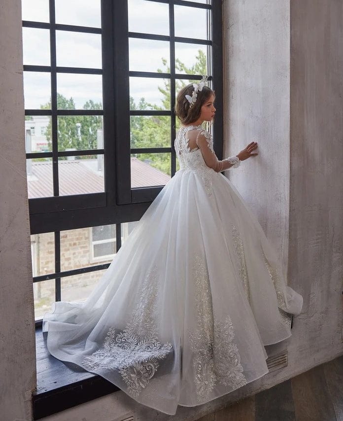 Sunnypetal White Sparkly Tulle Princess Dress Lace Embroiderys Wedding Communion Gown