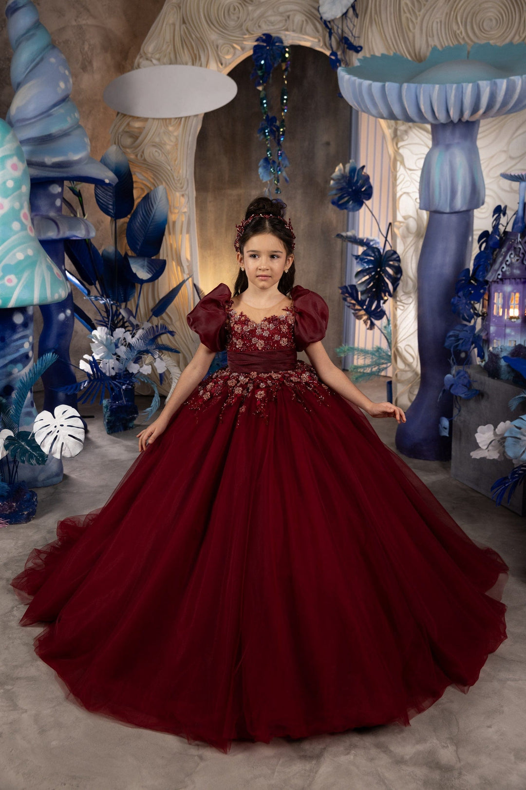 Sunnypetal Wine Red Puff Sleeves Long Tulle Ball Gown Flower Girl Dresses with Satin Bow