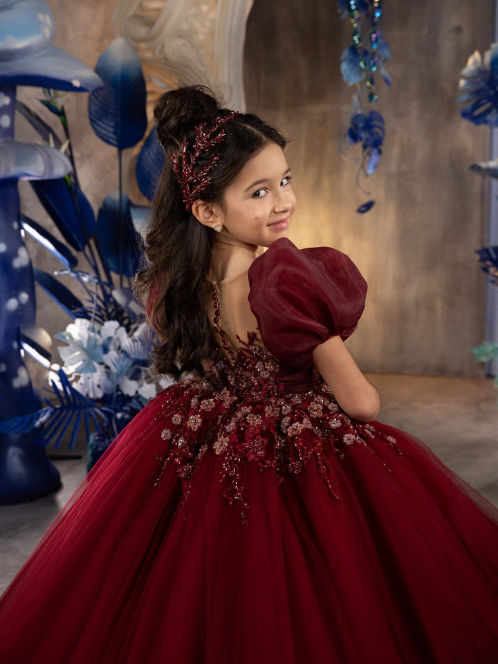 Sunnypetal Wine Red Puff Sleeves Long Tulle Ball Gown Flower Girl Dresses with Satin Bow