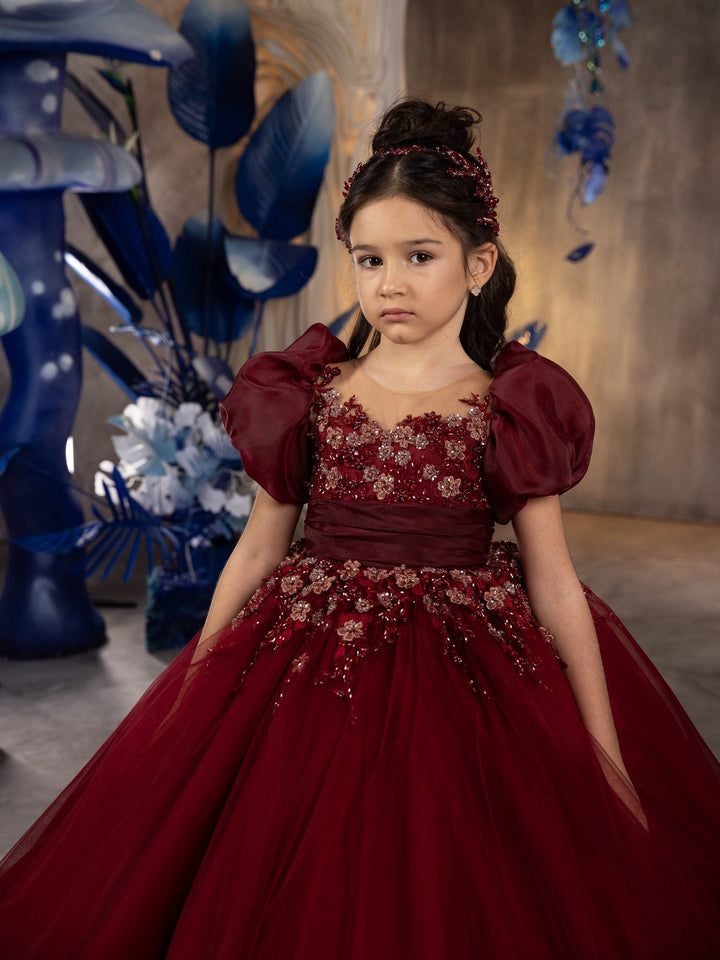 Sunnypetal Wine Red Puff Sleeves Long Tulle Ball Gown Flower Girl Dresses with Satin Bow