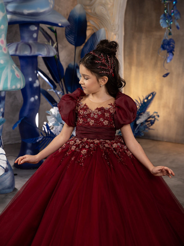 Sunnypetal Wine Red Puff Sleeves Long Tulle Ball Gown Flower Girl Dresses with Satin Bow