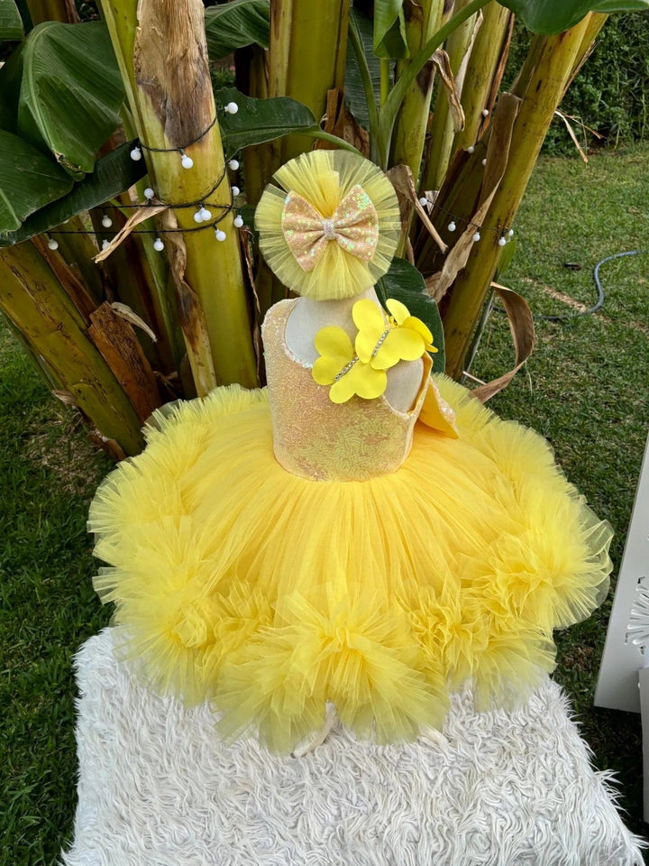 Sunnypetal Yellow Butterfly Baby Girl Pageant Dress Long Tail Girl Prom Party Gown