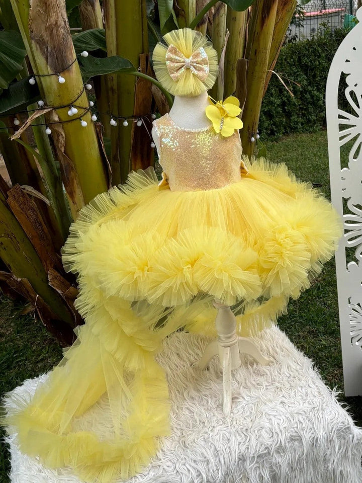 Sunnypetal Yellow Butterfly Baby Girl Pageant Dress Long Tail Girl Prom Party Gown
