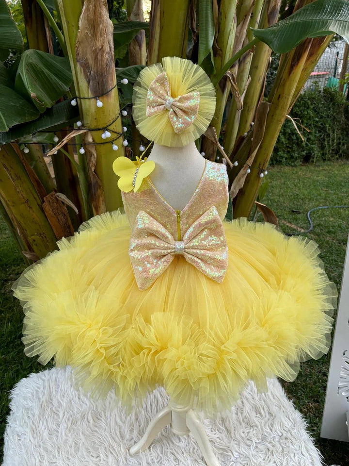 Sunnypetal Yellow Butterfly Baby Girl Pageant Dress Long Tail Girl Prom Party Gown