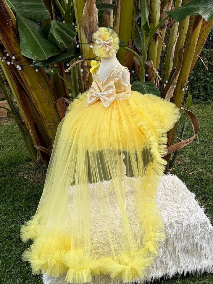 Sunnypetal Yellow Butterfly Baby Girl Pageant Dress Long Tail Girl Prom Party Gown