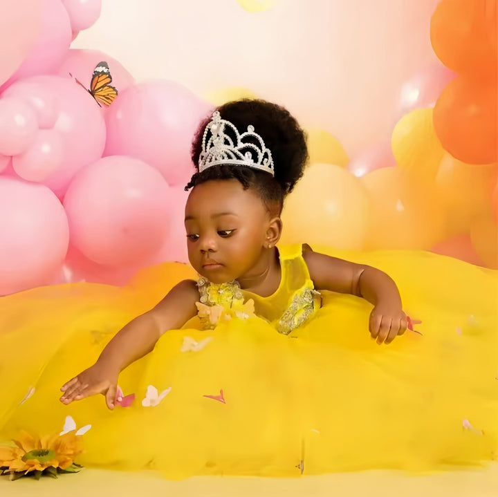 Sunnypetal Yellow Flower Girl Dresses Jewel 3D Butterfly Tulle Tiered Ball Gown