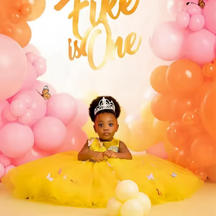 Sunnypetal Yellow Flower Girl Dresses Jewel 3D Butterfly Tulle Tiered Ball Gown