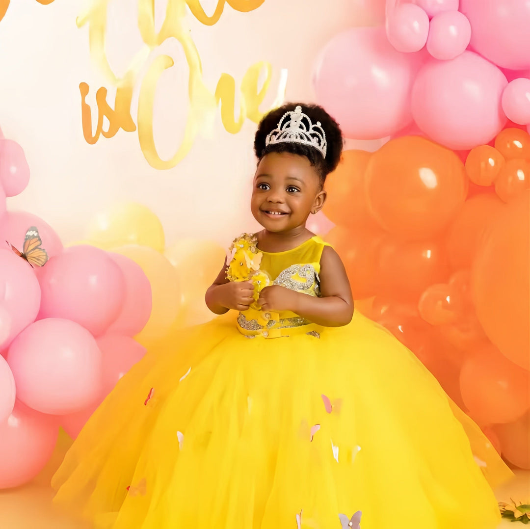 Sunnypetal Yellow Flower Girl Dresses Jewel 3D Butterfly Tulle Tiered Ball Gown