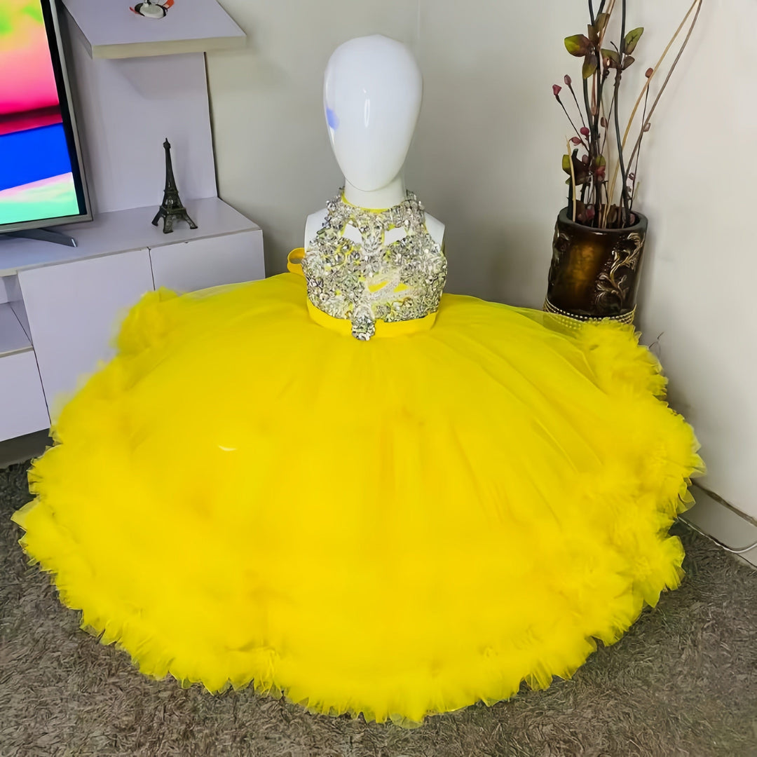 Sunnypetal Yellow Kids Birthday Prom Gown High Neck Beading Flower Girl Dresses