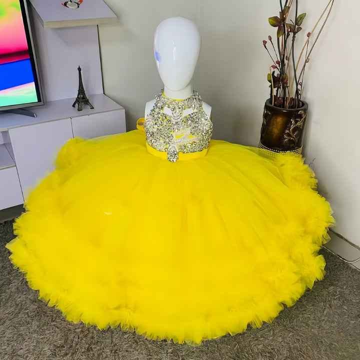 Sunnypetal Yellow Kids Birthday Prom Gown High Neck Beading Flower Girl Dresses
