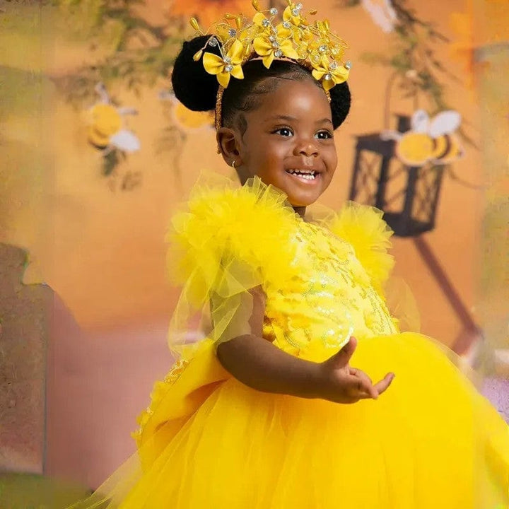Sunnypetal Yellow Lace 3D Butterflys Sequins Flower Girl Dress Pageant Party Gown with Bow