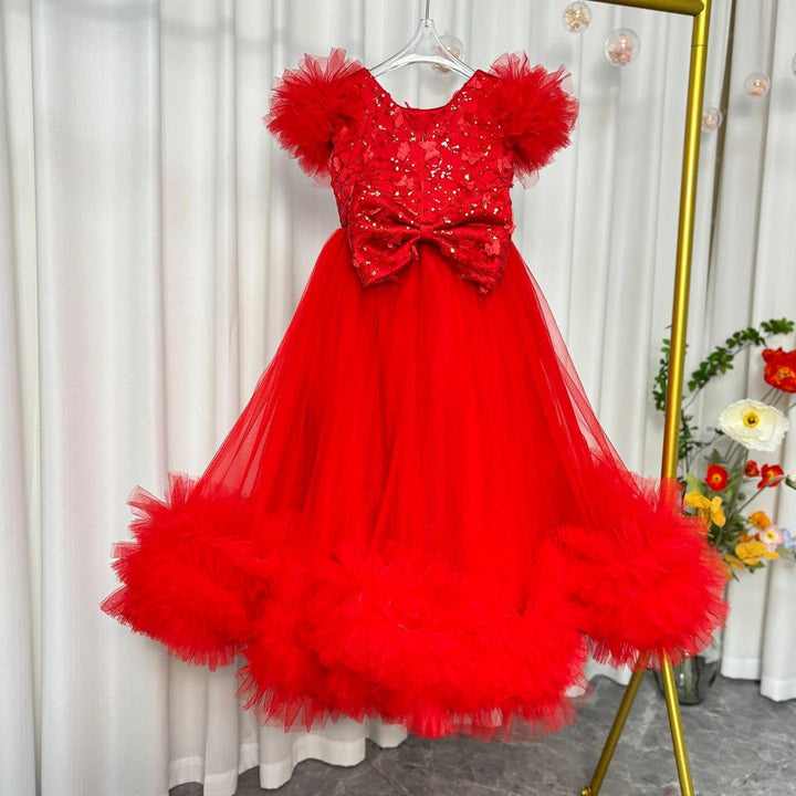 Sunnypetal Yellow Lace 3D Butterflys Sequins Flower Girl Dress Pageant Party Gown with Bow