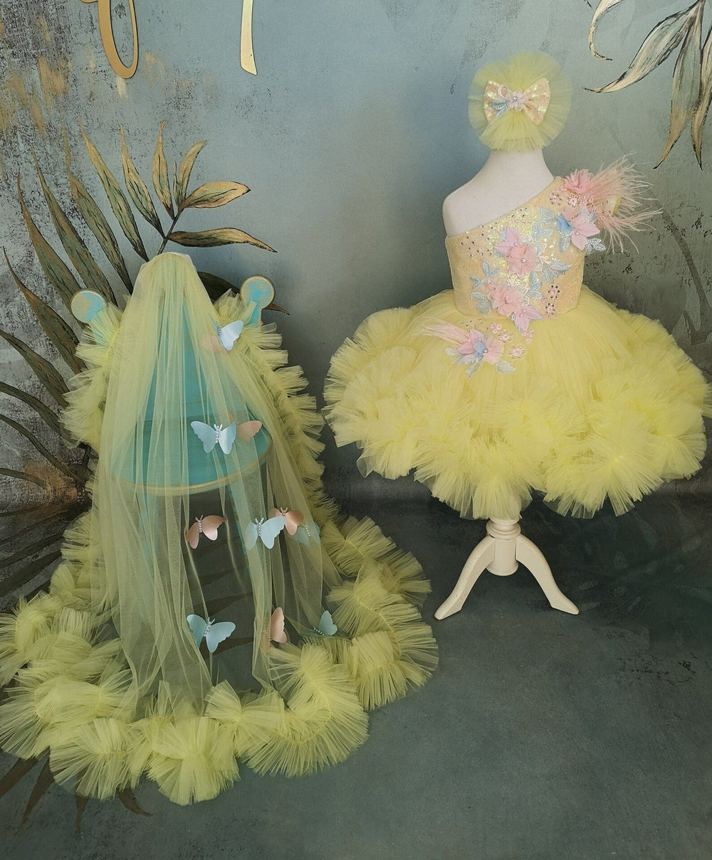 Sunnypetal Yellow One-Shoulder Long Tail 3D Butterfly Girl Dresses with Detachable Train