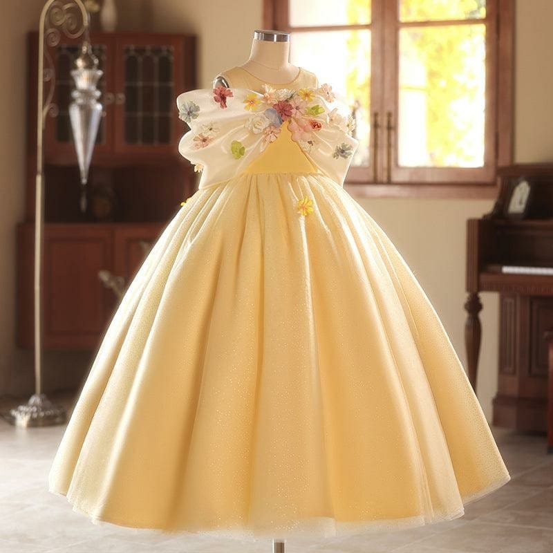 Sunnypetal Yellow Princess Tulle Floor-Length Flower Girl Dresses with 3D Flowers