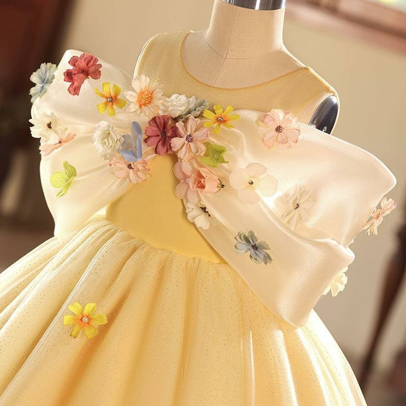 Sunnypetal Yellow Princess Tulle Floor-Length Flower Girl Dresses with 3D Flowers