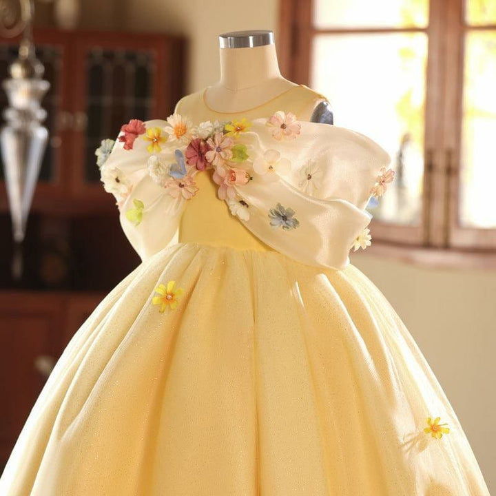 Sunnypetal Yellow Princess Tulle Floor-Length Flower Girl Dresses with 3D Flowers