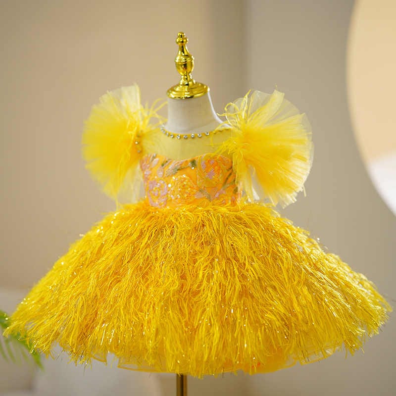 Sunnypetal Yellow Puff Sleeves Feathers Tulle Baby Girl Birthday Prom Pageant Dress