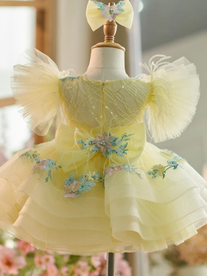 Sunnypetal Yellow Puff Sleeves Floral Embroidery Flower Girl Dresses Birthday Prom Gown