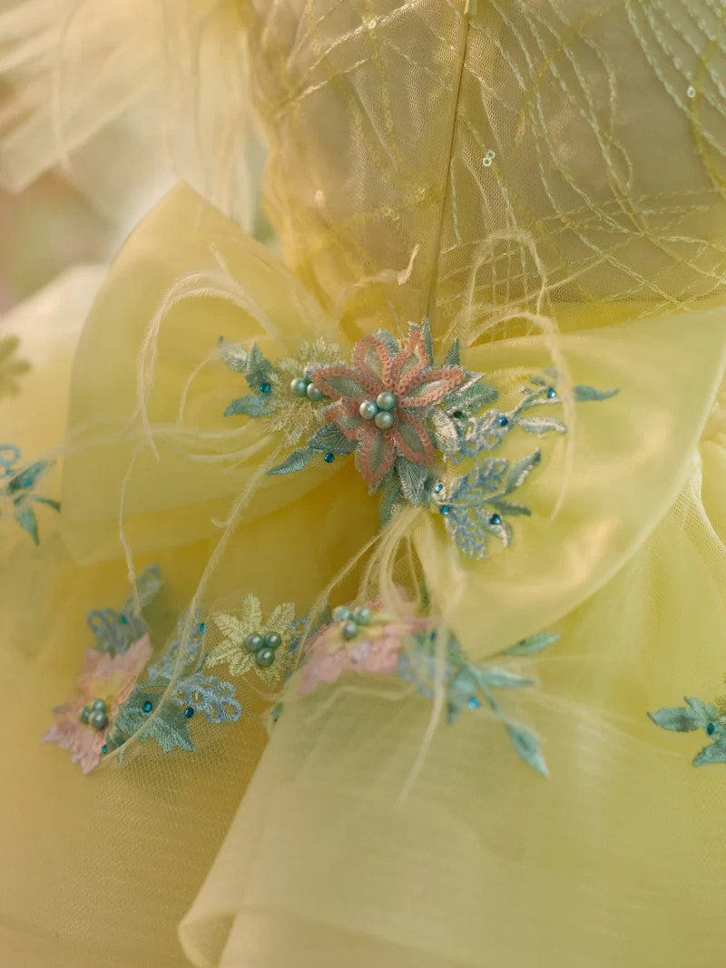 Sunnypetal Yellow Puff Sleeves Floral Embroidery Flower Girl Dresses Birthday Prom Gown