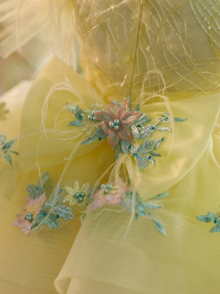 Sunnypetal Yellow Puff Sleeves Floral Embroidery Flower Girl Dresses Birthday Prom Gown