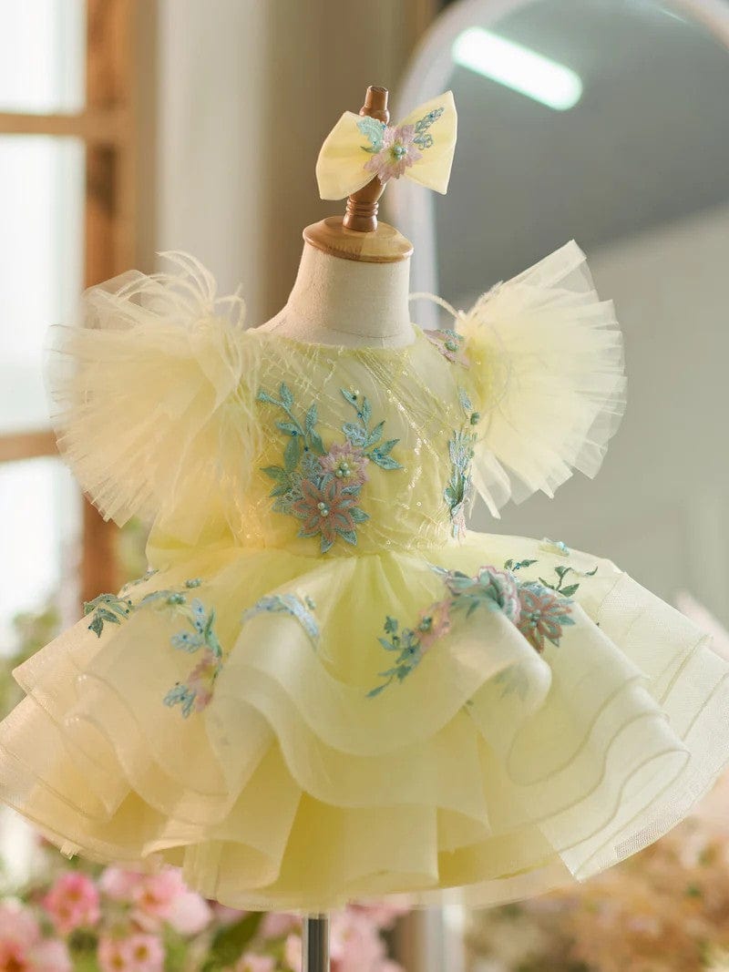 Sunnypetal Yellow Puff Sleeves Floral Embroidery Flower Girl Dresses Birthday Prom Gown