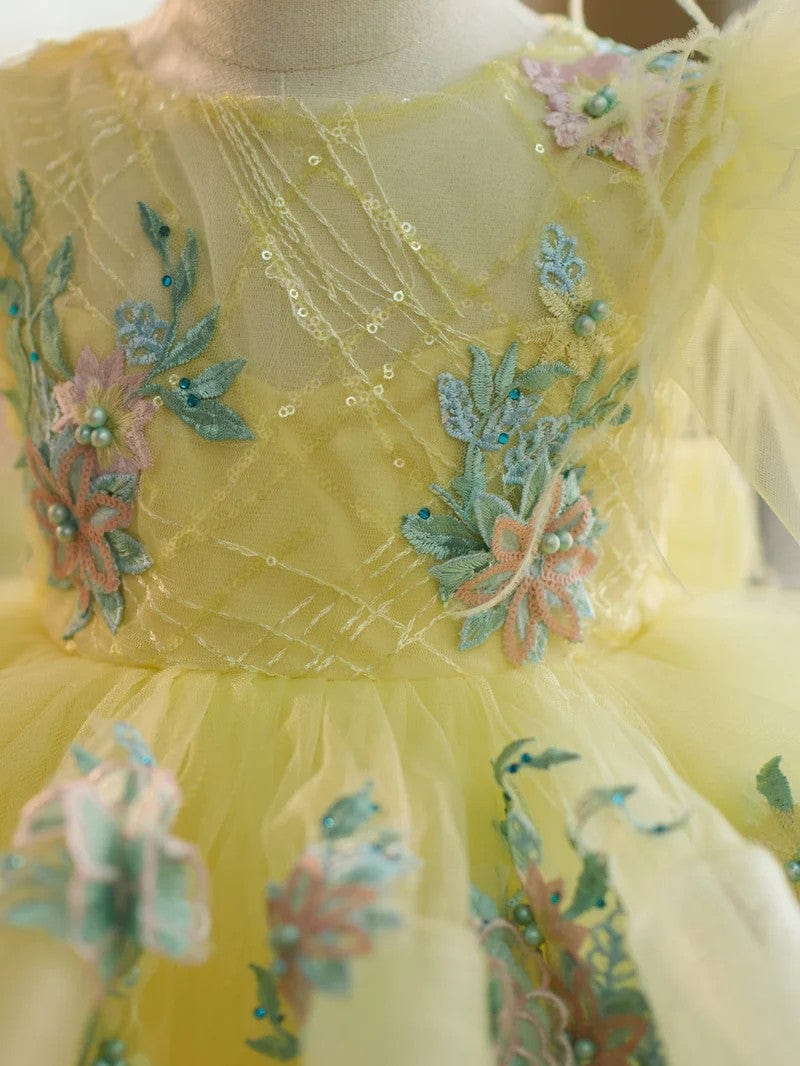 Sunnypetal Yellow Puff Sleeves Floral Embroidery Flower Girl Dresses Birthday Prom Gown