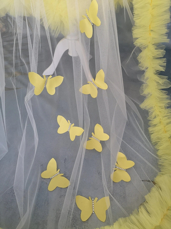 Sunnypetal Yellow Puff Tulle  Flower Girl Dresses with 3D Butterfly Detachable Train
